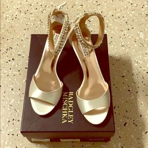 Satin Ivory Badgley Mischka Studded Ankle Shoes